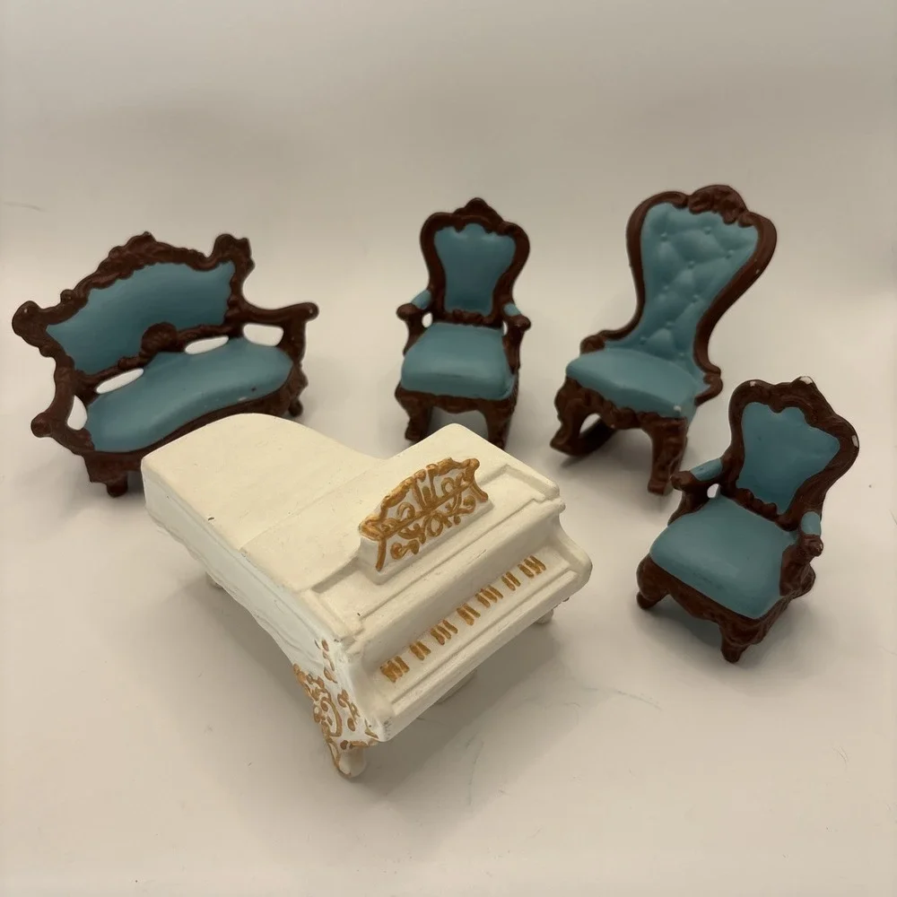 (5) Ceramic Porcelain Dollhouse Furniture‎ Grand Piano Loveseat Chairs Blue Vtg